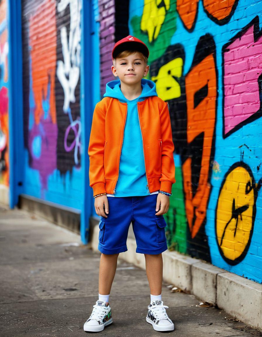 A stylish young boy confidently posing in a trendy urban setting, showcasing the latest boys' fashion trends with vibrant colors and fun patterns. Include fashionable accessories like caps and sneakers, alongside playful expressions that exude personality. Bright graffiti or street art in the background to enhance the modern vibe. super-realistic. vibrant colors. 3D.