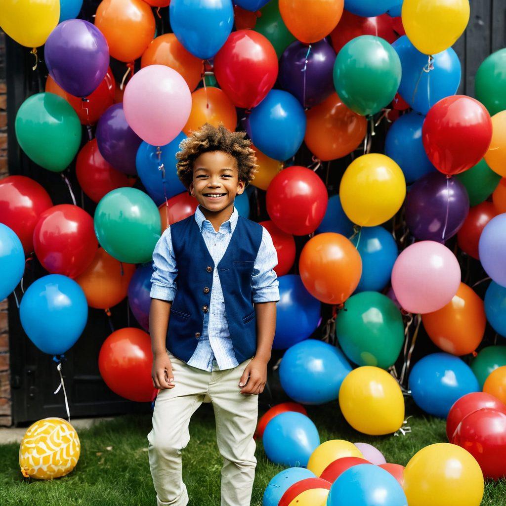 A vibrant montage of stylish boys' outfits suitable for various occasions, from playful playtime attire to elegant party ensembles. Include a joyful boy playing in a colorful playground wearing a casual outfit, and another boy dressed sharply for a party with his friends, all set against a festive backdrop filled with balloons and decorations. Emphasize diversity in clothing styles and colors. playful and energetic. vibrant colors. dynamic composition.