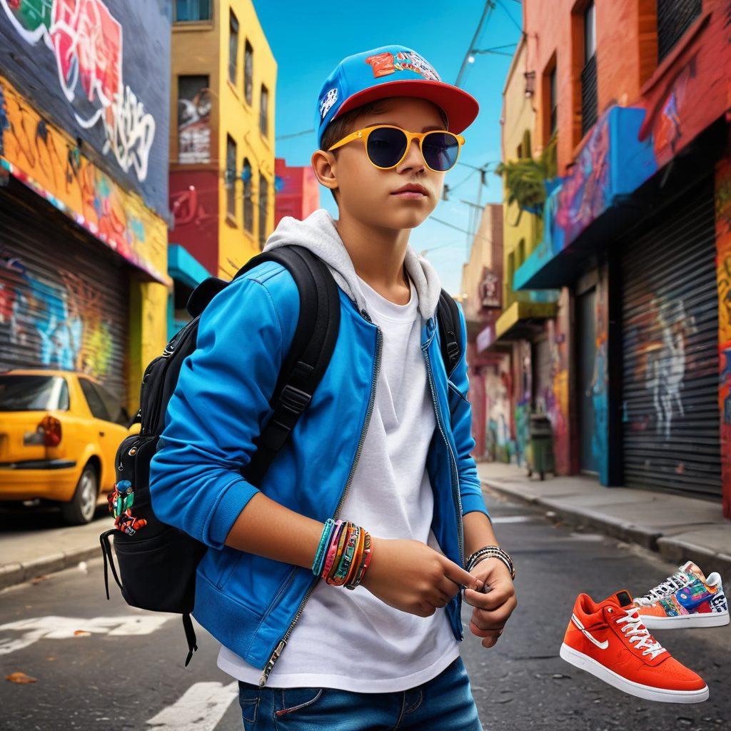 A trendy young boy wearing stylish accessories like a cool cap, colorful sneakers, and layered bracelets, surrounded by various fashion gear like backpacks and sunglasses. The background features a vibrant street scene with graffiti art and playful elements, emphasizing the youthful and energetic vibe. super-realistic. vibrant colors. urban style.